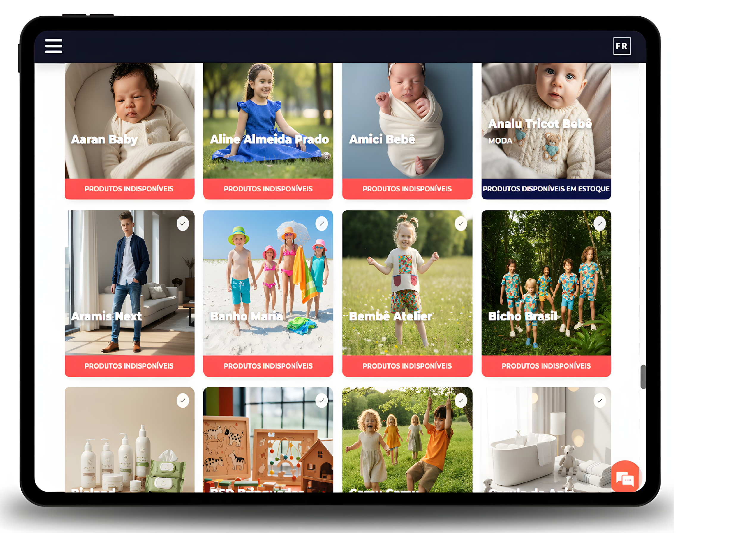 Interface da plataforma mostrando marcas de moda infantil
